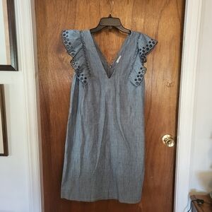J.Crew Chambray Sheath Dress Women’s Size 14 Blue Ruffle Eyelet Sleeves Cotton